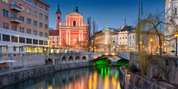 Evening in Ljubljana with reflections on the river