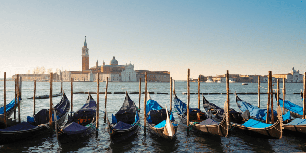 Gondolas lined up in Venice