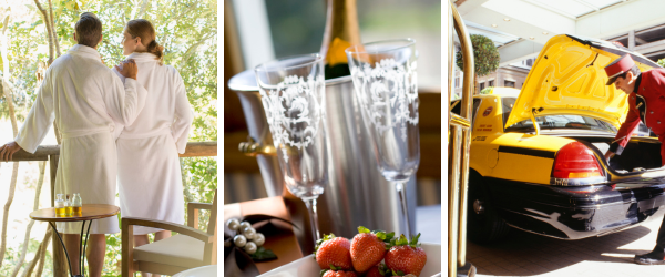 Examples of treats for our refer a friend offer. A couple at a spa, a bottle of champagne, a hotel porter.