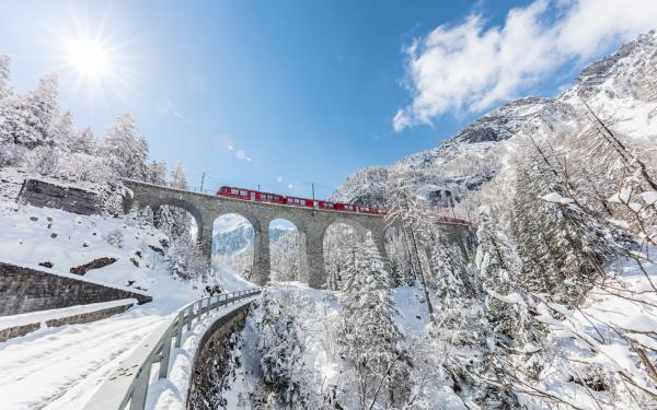 Winter scene with viaduct and train passing over