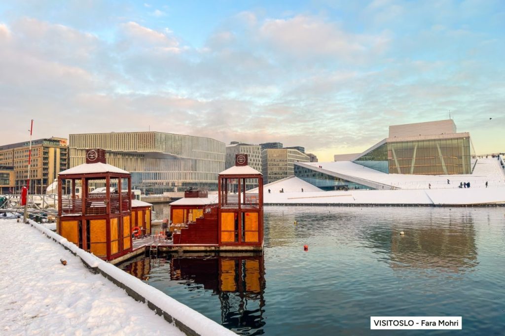 Oslo opera in winter with a winter sauna in front