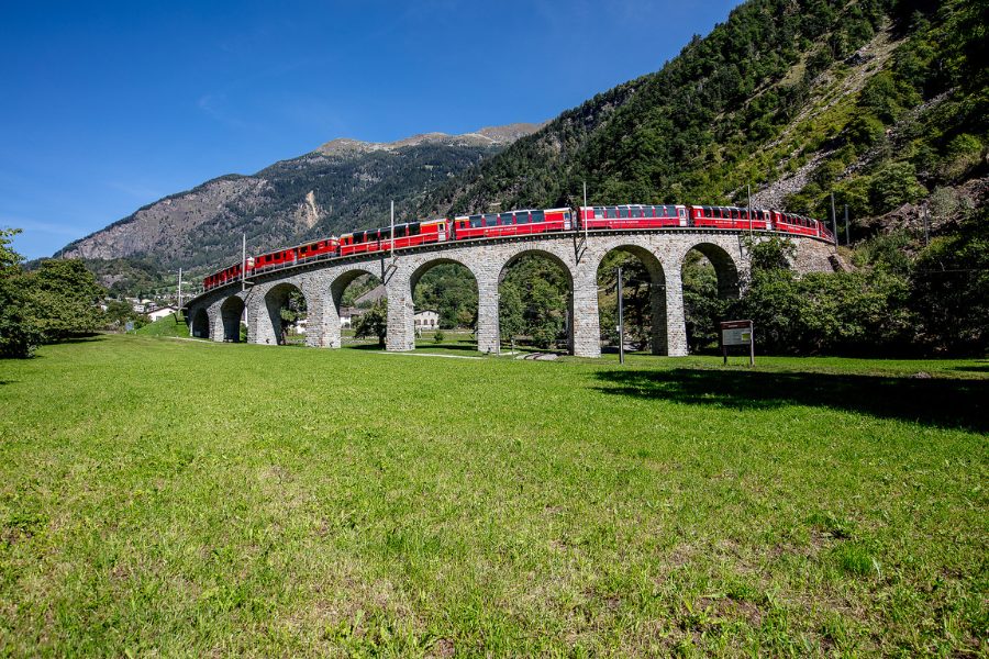 Bernina Express train on the Brusio Viaduct