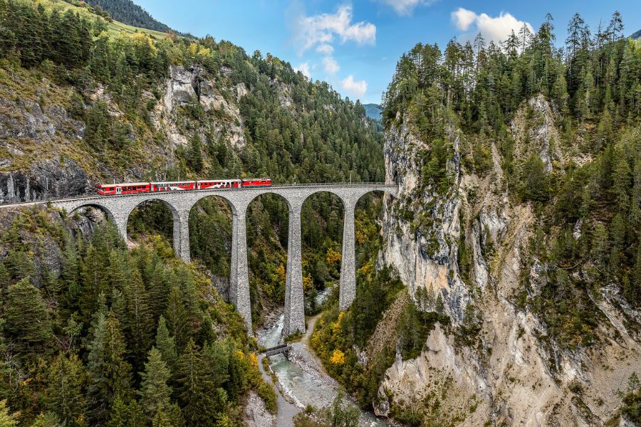 Bernina Express train crossing the Landwasser Viaduct