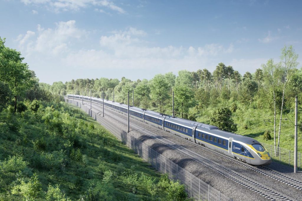 Eurostar train from above in the countryside