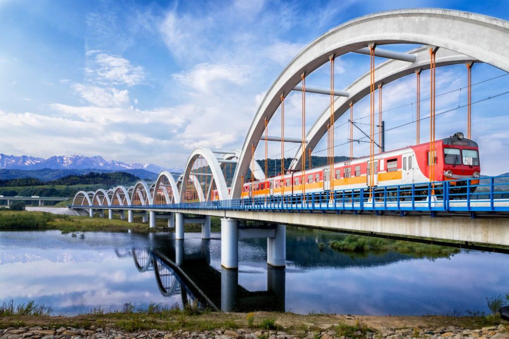 Train crossing a bridge in Poland