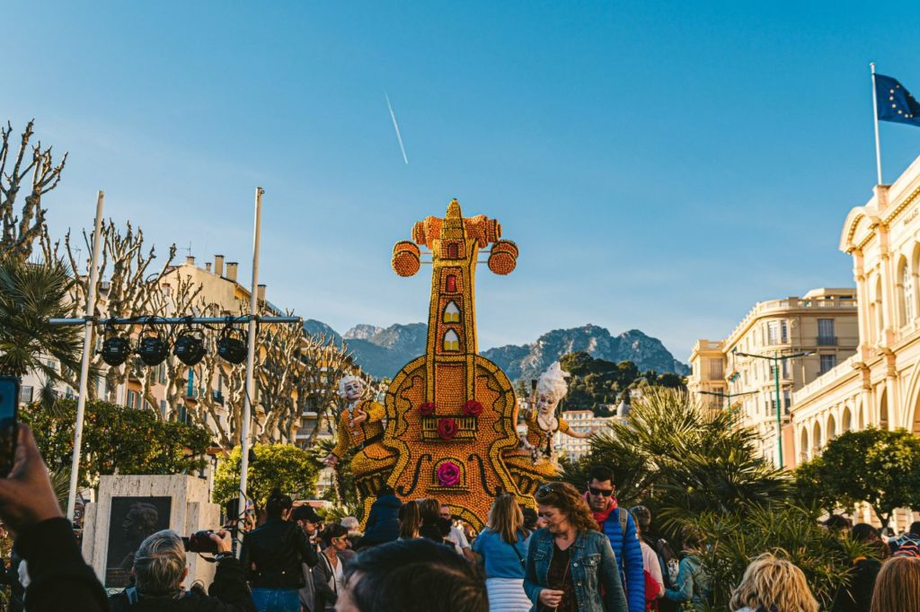 A float made of lemons as part of the Menton citron festival in Menton, France